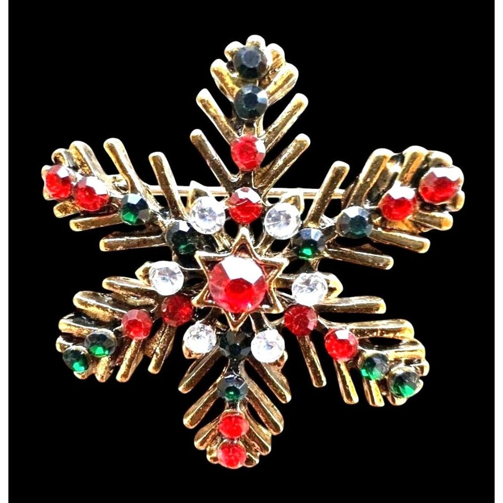 Christmas Snowflake Brooch Pin Star Red Green Crystal Accents Festive Wi… - Picture 6 of 12